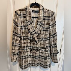 Zara Cream, Black and Brown Plaid Double-Breasted Blazer with matching skorts